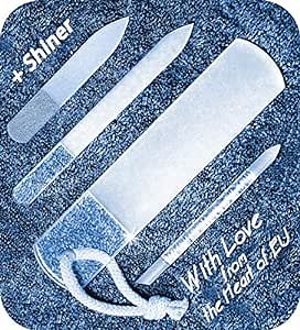 GLADZY Czech Glass Nail File Set - Multifunctional Nail Shiner Buffer, Callus Remover Foot Rasp, Glass Cuticle Pusher Manicure Stick, Etched Surface, Professional Nail Care Tool, Made in EU