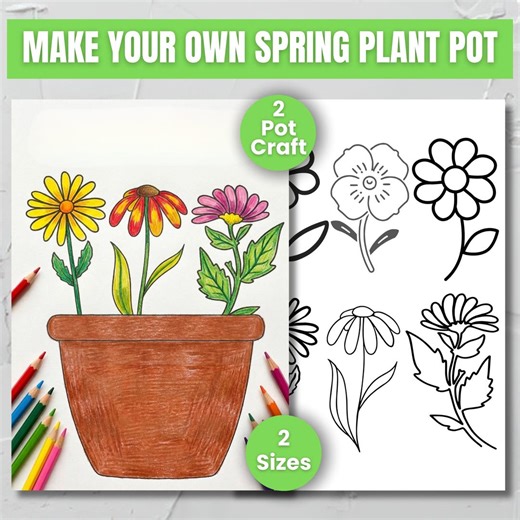 Spring Plant Pot Craft Printable, Kids Flower Coloring Activity, DIY Paper Flower Pot, Classroom Craft,cut and Paste Craft, Spring Craft - Etsy