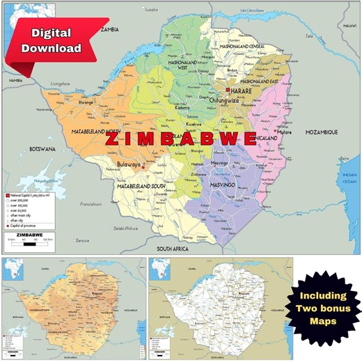 Zimbabwe Map Set: Political, Physical & Road Network (printable Digital Download) - Etsy