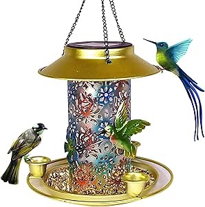 Solar Bird Feeder for Outdoors Hanging, Metal Waterproof Outside Wild Bird Feeders, Cardinal Upgrade Wild Bird Feeders with S Hook, Garden Decorations Solar Light,Gift for Bird Lovers