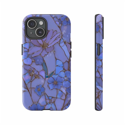 Stained Glass Butterfly Phone Cases, Iridescent Floral Design, Blue Purple Pastel Flowers, Ethereal Whimsical Nature Art, Elegant Botanical - Etsy