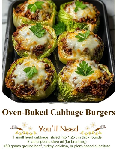 Oven-Baked Cabbage Burgers 🍔🧀😋 Ingredients: For the Cabbage 1 small head cabbage, sliced into ½-inch thick rounds 2 tbsp olive oil (for brushing) For the Burger Patties 1 lb ground beef, turkey, chicken, or plant-based alternative 1 medium onion, finely chopped 2 cloves garlic, minced 1 tsp salt 1 tsp black pepper 1 tsp smoked paprika 1 tbsp Worcestershire sauce 1 large egg (optional, for binding) Optional Topping 1 cup shredded cheese #CabbageBurgers #HealthyEating #DinnerIdeas #ComfortFood 
