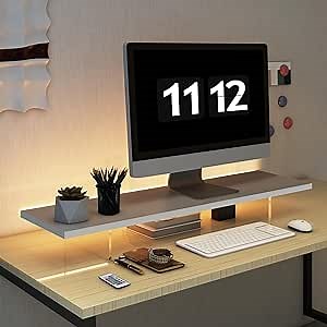 Monitor Stand Riser,Wood & Acrylic Computer Monitor Stand with LED Light,Desk Accessories Desktop Organizer Stand for Computer,Laptop,Printer,PC & TV Screen Riser