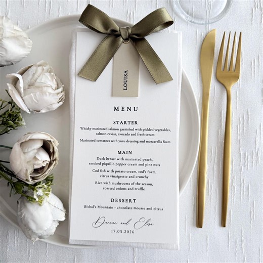 Printed Wedding Menu Card With Satin Ribbon Bow, Personalized Guest Name Menu, Elegant Reception Place Setting - Etsy
