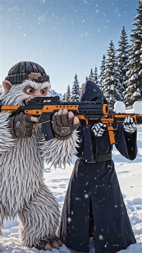 Yeti and the character playing shooting games