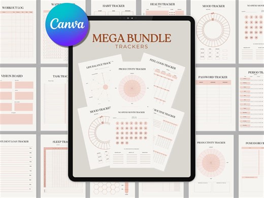 Printable Wellness Planner Bundle Canva Tracker Templates Habit Budget Fitness Logs Digital Planner Monthly Expenses and Budget Tracker - Etsy
