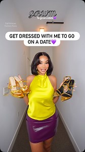 Get dressed with me to go on a date💜 @fashionnova brie low rise mini skirt in plum, sara satin halter top in chartreuse & take me places heeled sandals in gold #datenightoutfit #grwm #outfitinspo | Thefashionfreakk