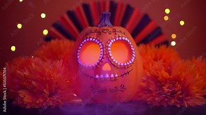 Dia de los Muertos or Day of Dead concept. Pumpkin with sugar skull face glows on Halloween night. Halloween pumpkin with smoke at orange background with flowers, fan and garland lights. 4K, UHD