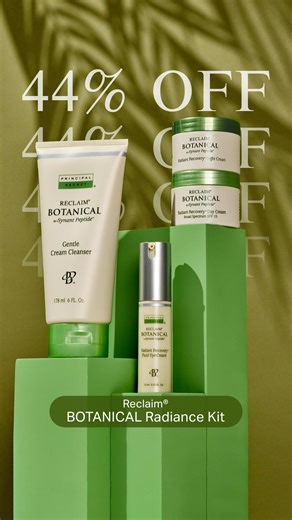 Reveal radiant, youthful-looking skin! Combat uneven tone, texture, fine lines and wrinkles. Reclaim BOTANICAL Radiance Kit: 🧪🌱Combines nature and science to create plant-powered formulas ✨Includes AM PM Skincare 🐇Vegan & cruelty-free 🚫Gluten-free formulas | Principal Secret® Created by Victoria Principal