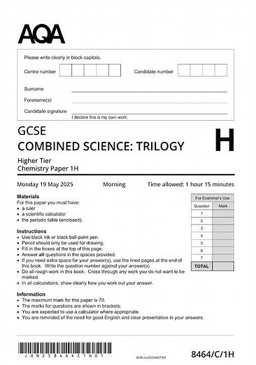 AQA GCSE Combined Science Trilogy Chemistry Paper 1 2025