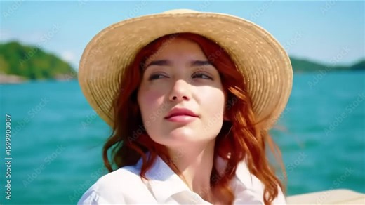 Redhead woman relaxes on boat, tropical islands background, summer vacation ad