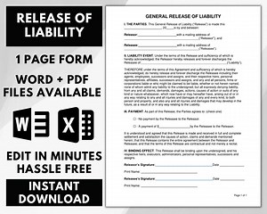 Release Form, Release of Liability, Hold Harmless (indemnity) Agreement - General Release of Liability - Etsy