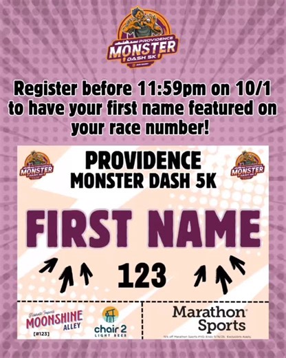 Last call for race number personalization! Participants who register for the 2025 Providence Monsters Dash 5K will have their first name, as entered on RunSignUp, featured on their race number. This is a fun race detail you don’t want to miss! If you’ve already registered for the race, you’re all set! Join us October 26th in Providence for this spooky Halloween 5K and kids race. Register at RunRhody.com. | Run Rhody