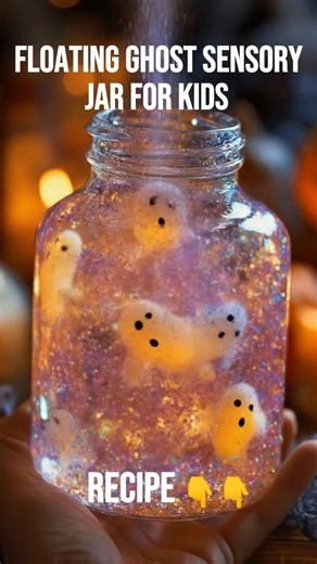 Floating Ghost Sensory Jar For Kids Create a mesmerizing jar full of shimmering, floating ghosts You Will Need: 1 clear jar or plastic bottle with a tight-fitting lid (plastic is safest for kids) ½ cup clear glue or glitter glue (clear for a see-through look, glitter glue for extra sparkle) 1½ cups warm water (helps the glue dissolve smoothly) White or iridescent glitter (for that ghostly, swirling shimmer) Tiny ghost cutouts – foam, laminated paper, or confetti-style shapes that can float (avoi