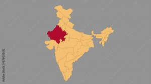 Rajasthan map animated video. Map Highlighted on the India map with animation and colour with Gray background in video format.