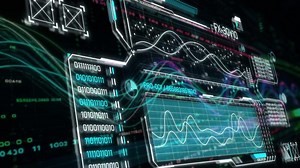 Futuristic interface displaying complex data analysis with charts