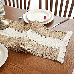 Simple&Opulence Boho Macrame Table Runner - 12 x 72 Inch, Splicing Burlap Farmhouse Cotton Table Runner with Fringed Edges for Bohemian Rustic Wedding, Bridal Shower, Dinner （Brown & White）