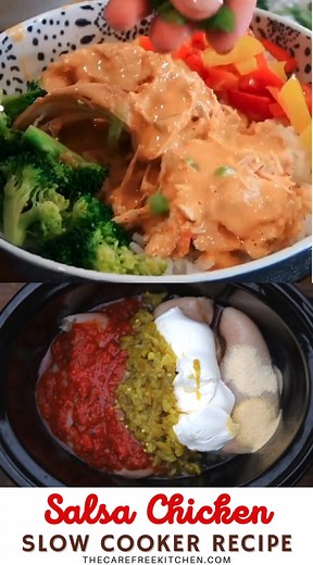 This Crockpot Salsa Chicken with Cream Cheese is an easy, flavorful and versatile recipe that is the perfect solution for busy weeknights. It’s got tender, juicy shredded chicken breasts covered in a cream cheese salsa sauce that tastes great in tacos, burrito bowls, quesadillas, nachos or served over rice. RECIPE ✅ https://thecarefreekitchen.com/crockpot-salsa-chicken/ | The Carefree Kitchen