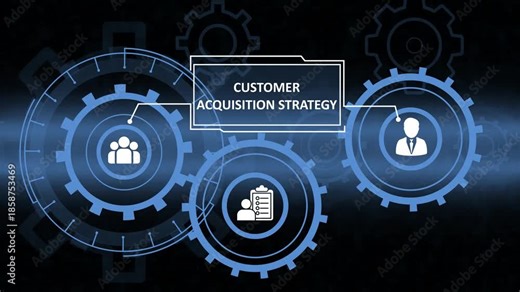 customer acquisition data visualization with team icons. virtual business monitor focusing on market expansion. advanced cybernetic screen with management symbols.