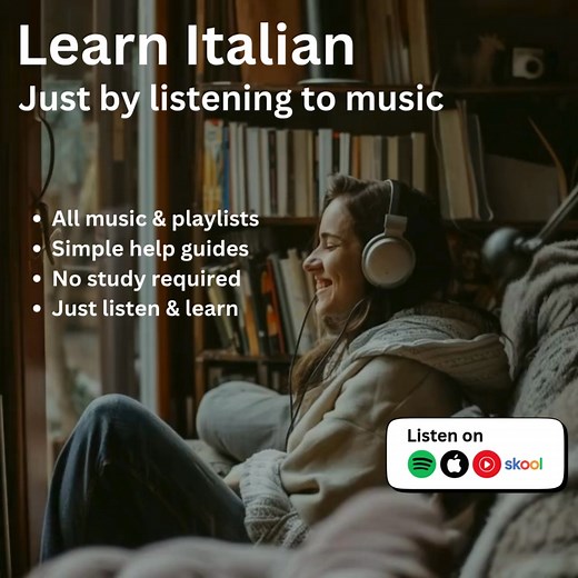 2.8K views | Learning Italian can be as easy as listening to music. Most people give up on Italian because it feels slow, difficult and full of rules — grammar tables, drills. This method skips all that. You just keep listening — and the words start to stick, like song lyrics you can’t forget. Join today to start learning your first 100 Italian words — just by listening. | Listeners Learn | Facebook