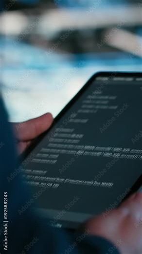 Vertical video Close up of data center engineer using tablet to write code, compiling software patches to fix bugs. Server farm IT professional using device application to run programming script
