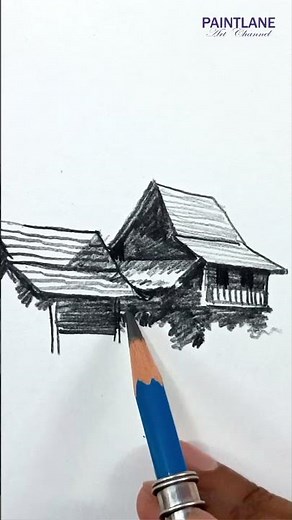 Pencil shading Coconut trees and Two Houses in Scenery Art #shorts #art #pencilshading