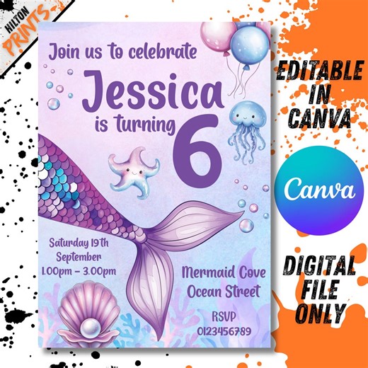 Mermaid Birthday Party Invitation Template 5x7 (canva Editable, Digital Download) - Etsy