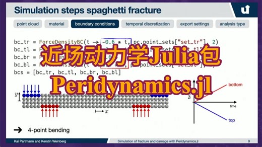 使用近场动力学的Julia包(Peridynamics.jl) 模拟断裂和损伤(Kai Partmann)