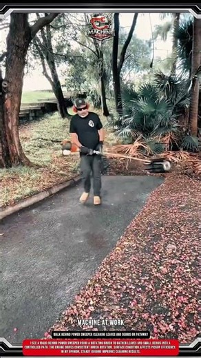 Walk behind power sweeper clearing leaves and debris on pathway