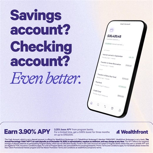 Get 10x more interest than the national average with an account that still lets you use your money for everyday things 🍕 ⛳️ 3.90% APY on your cash for a limited time 💫 Move to invest in minutes 📬 Pay bills directly from your account ⚡️ Free 24/7 instant withdrawals to eligible accounts ✅ Reimbursed ATM fees, 2x/month, up to $7.50 each 🚫No monthly account fees 🌦️FDIC insured up to $8 million through program banks Disclosures: Fees and Eligibility requirements may apply to certain checking fe