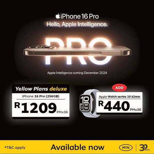 MTN is offering amazing deals on iPhone 16. Get the iPhone 16 or iPhone 16 Plus featuring Camera Control, major upgrades to the advanced camera system, the Action button to quickly access useful features, and a big boost in battery life—all powered by the new A18 chip. | MTN South Africa