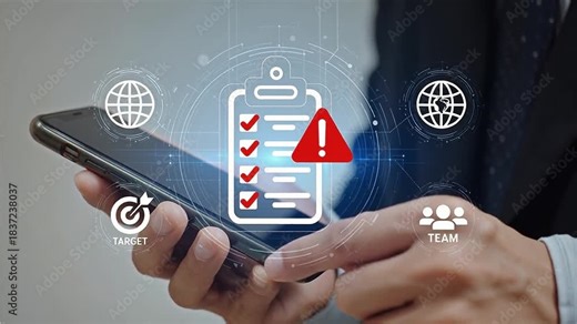 Task Management - Mobile App Interface Showing Error, Business Workflow, Digital Technology, Checklist.