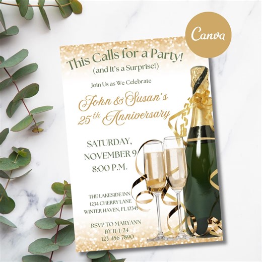 Champagne Anniversary Invitation: Elegant Party Template (editable in Canva) - Etsy