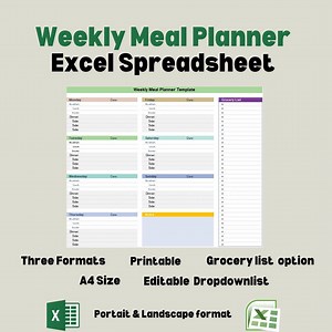 Weekly Meal Planner, 7 Days Diet Planner, Meal Planner Spreadsheet, Excel Template, A4 Size, Grocery List, Food Planner, Menu Planner - Etsy
