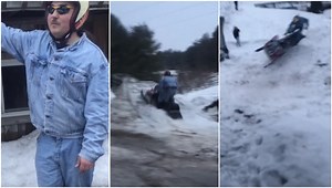 Snowmobile Expert And Sex God Larry Enticer Nearly Pops A Ball On This AMAZING Failed Jump