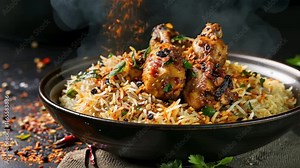 Delicious chicken biryani bowl with fragrant rice, garnished with fresh herbs and spices, perfect meal for food lovers and delightful cuisine experience.