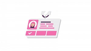 Pink employee badge with green screen and white background