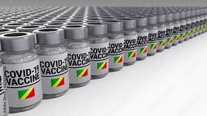 Seamless looping 3D animated bottles with covid-19 vaccine and the flag of Republic of the Congo in 4K resolution