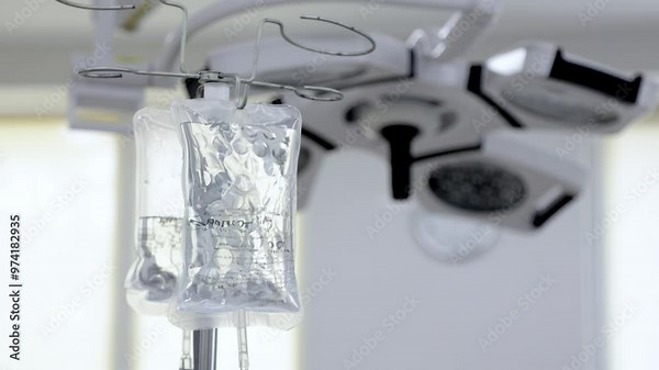 Close-up of an IV drip in a hospital setting. The photo highlights the essential medical equipment used for patient care and the clinical environment.