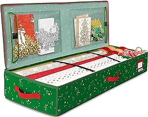 Gift Wrap Organizer and Storage Box with 2 Large Pockets for Accessories and Supplies, Heavy Duty, Tear Resistant and Water Resistant, Holds up to 24 Wrapping Paper Rolls, Green Stars Print