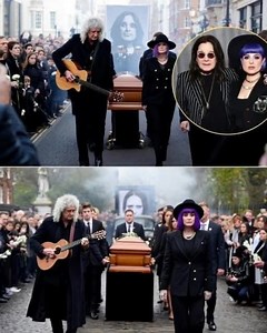 This morning, July 25, at the foggy Highgate Cemetery in London, the moment of Ozzy Osbourne’s memorial became something no one could forget. Brian May — the legendary guitarist of Queen — suddenly appeared in silence, just a few minutes before Ozzy’s coffin was carried to its final resting place. He wore a long black coat, his silver hair fell over his shoulders, and held in his hands the old wooden guitar that had accompanied him through decades of stage memories. And when his fingers began to