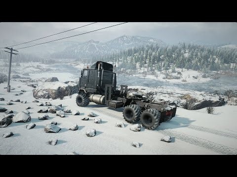 SnowRunner, Driving a truck in Full Winter on rough terrain, 4k Ultra Graphics.