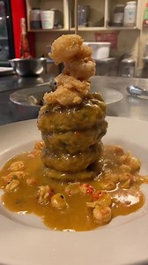 Crab Stack: Blue Point Crab Cakes, Louisiana Crawfish Etouffee, Fried Gulf Shrimp with Fried Eggplant Medallions 🦞 🦀 🍤 | The Little Big Cup