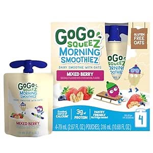 GoGo squeeZ Morning smoothieZ, Mixed Berry, 3 oz (Pack of 4), Gluten Free Yogurt, Fruit and Oat Smoothie Snacks for Kids, No Preservatives, No Fridge Needed, BPA Free Squeeze Pouches