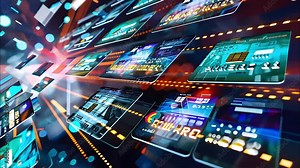 Colorful digital interfaces and screens display vibrant data visualizations and graphics, showcasing technology and innovation in a futuristic environment Stock Video