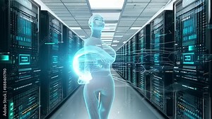 Rear View of AI in a Data Center with Server Racks. Futuristic Technology, Internet Information Network, and Database Storage