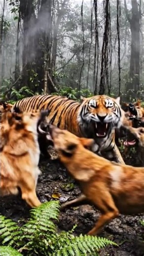 🐅 BENGAL TIGER vs PACK OF DHOLES! 🐺 DEADLY JUNGLE SWARM! 😱 (POV) #tiger #vs #wolfs #amazonbattle
