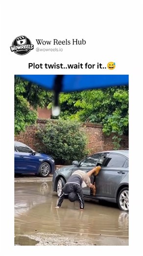 Wow Reels Hub™ | This short video opens in a rainy, flooded parking lot with cars partially submerged in muddy water, where a man approaches his gray sedan... | Instagram