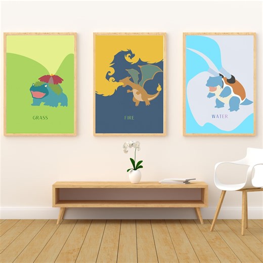 Pokemon Starter Evolution Digital Poster Set - Minimalist Venusaur Charizard Blastoise Wall Art - Instant Download Printables - Set of 3 - Etsy
