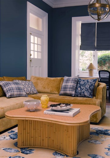 Media room design — Killara House. Deep blue walls, woven textures, timber floors, sculptural lighting, and one large-scale artwork anchoring the room. #MediaRoomDesign #InteriorDesign #InteriorArchitecture #DesignTok #AustralianInteriors